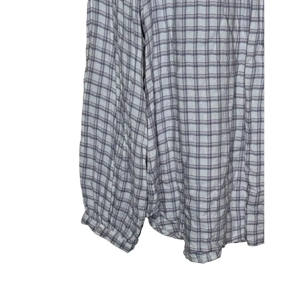 Talbots Women's Top‎ Ruffle Neck Plaid Rayon Button Long Sleeve Pink/Gray Large